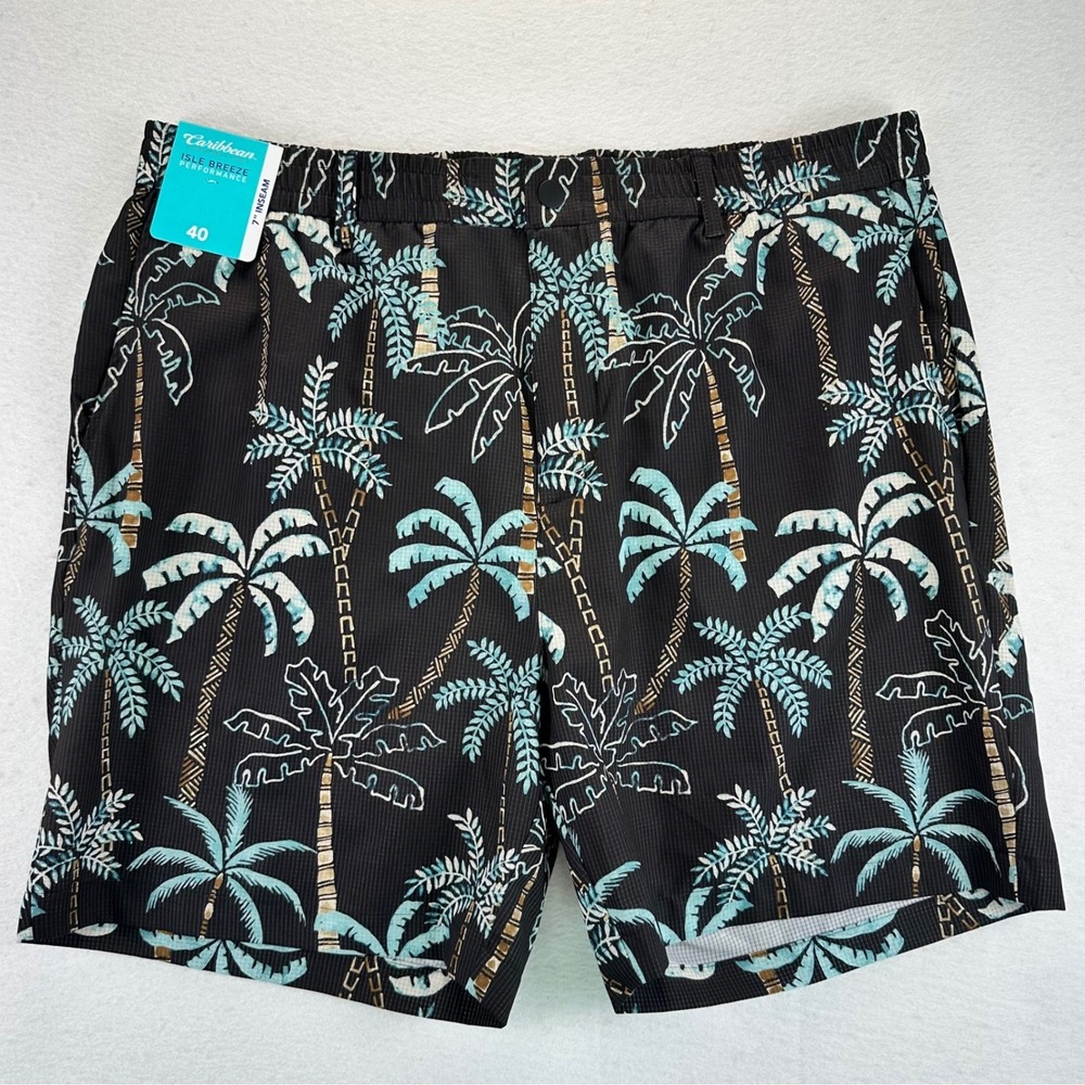 Caribbean Isle Breeze Palm Tree Performance Shorts Mens 40 Black Teal Stretch